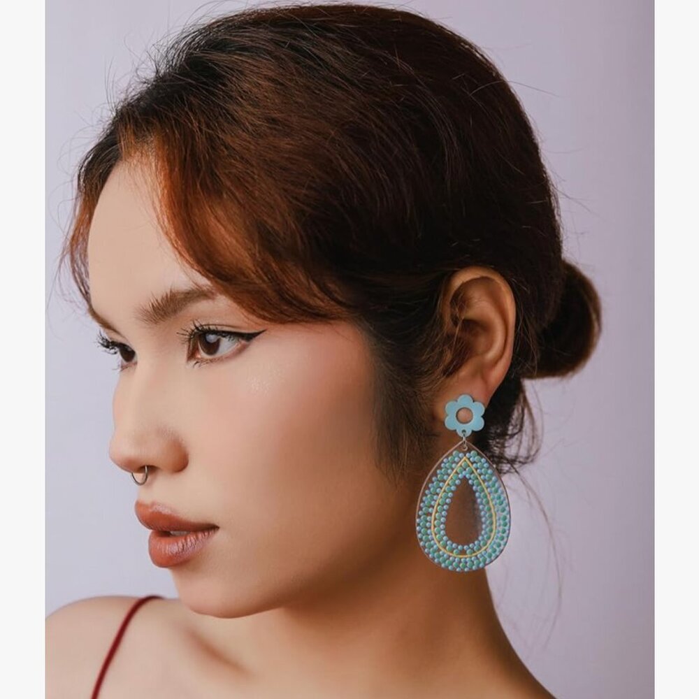 NEW Blue and Green Floral MOD Retro 70's Acrylic Drop Earrings